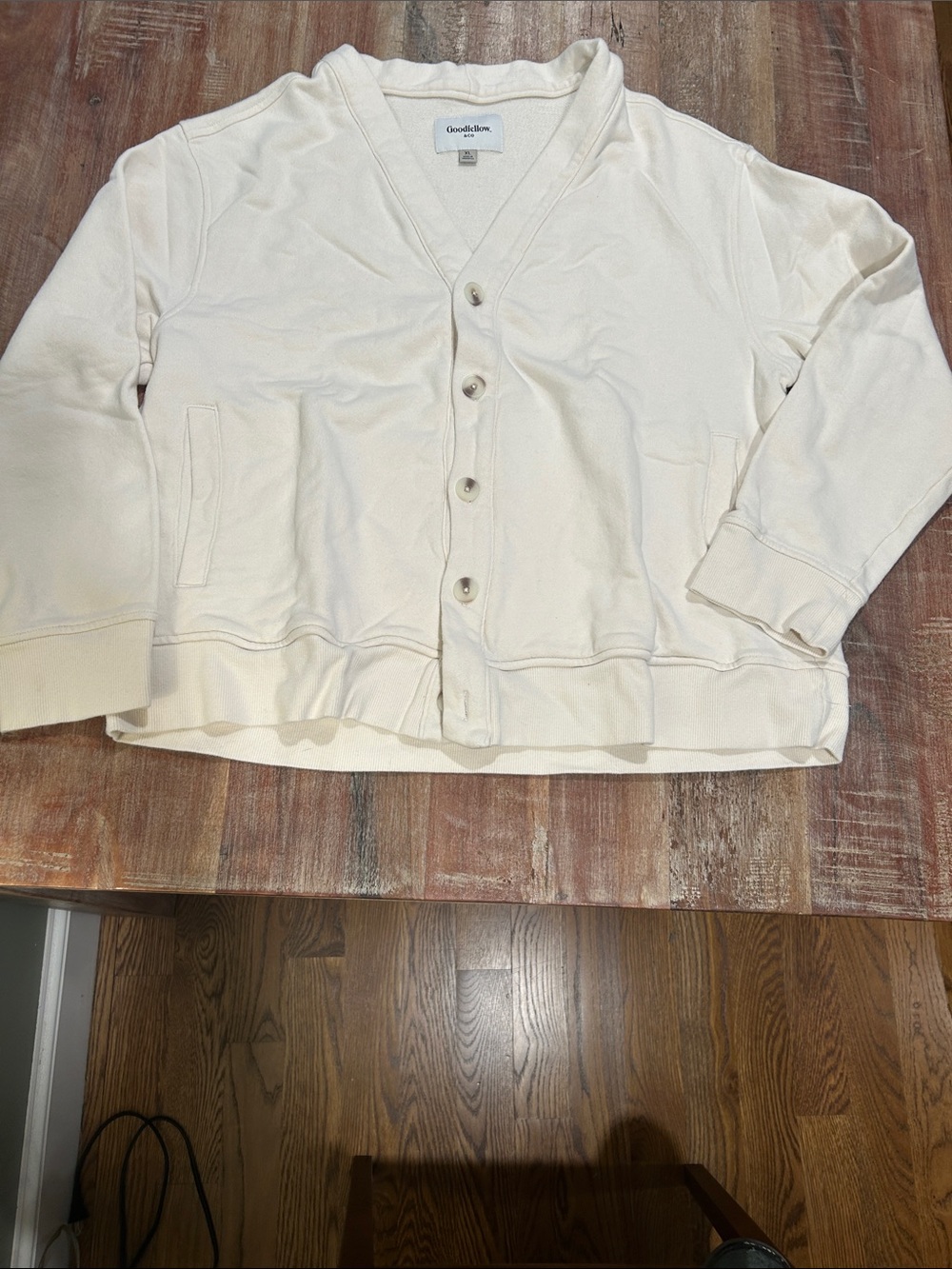 Goodfellow & Co Cream Cotton French Terry V-Neck Button Grandpa Cardigan